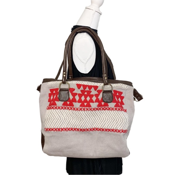 Noonday Collection Handbags - Noonday Collection Southwestern Embroidered Cotton Leather Trim Weekende…